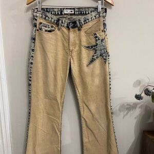 VTG Tommy Hilfiger Acid Wash Denim Jeans Star Grommet Accent Beige Blue Festival